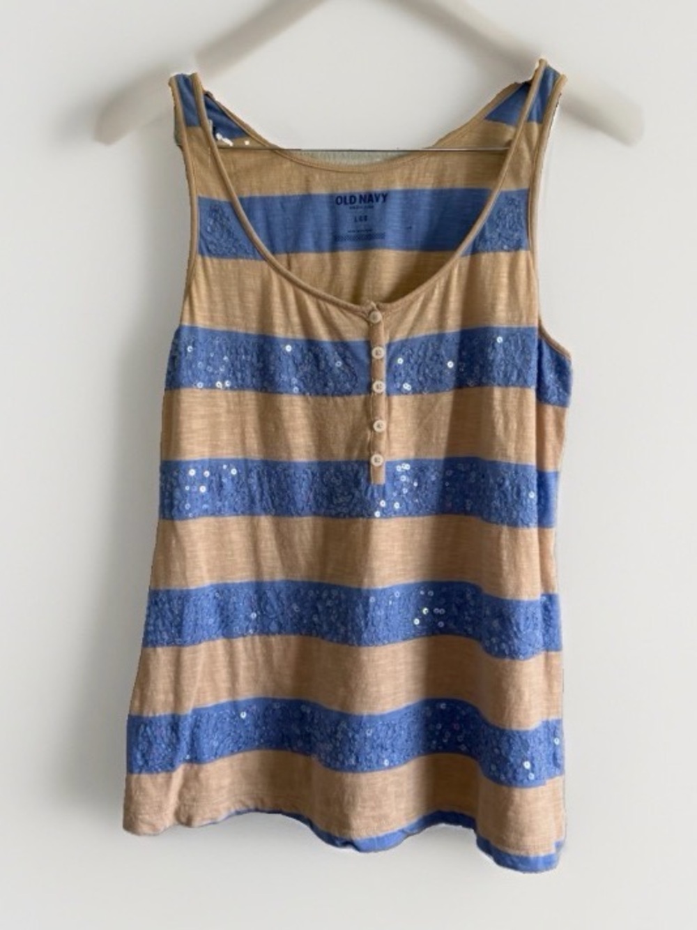 Striped Sequin Rugby Henley Tank Top Old Navy L Boho Coastal Indie Sleaze Summer